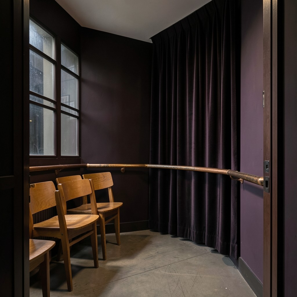 A small teaching room with dark plum walls, a velvet curtain, wooden chairs, and a copper rail