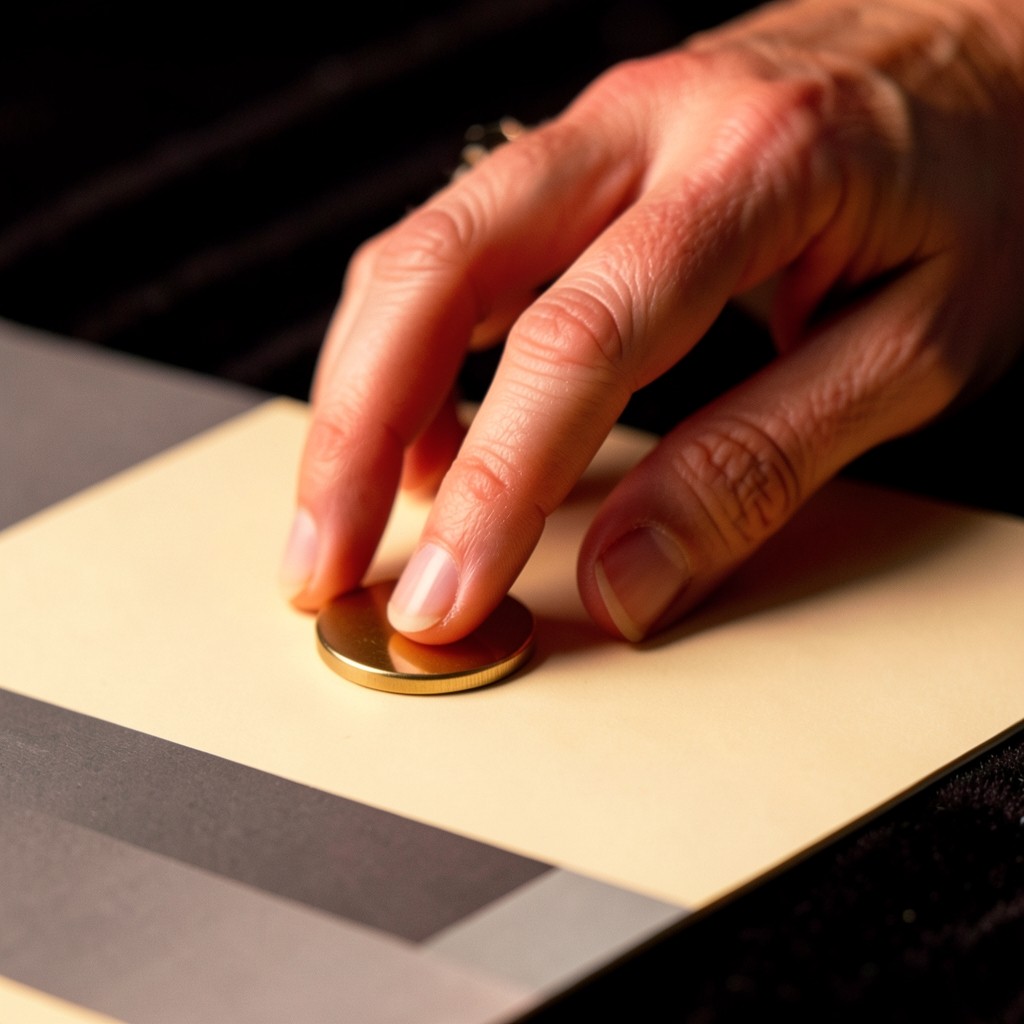 An adult hand moving a small brass marker across a paper sheet of geometric bars in low copper light