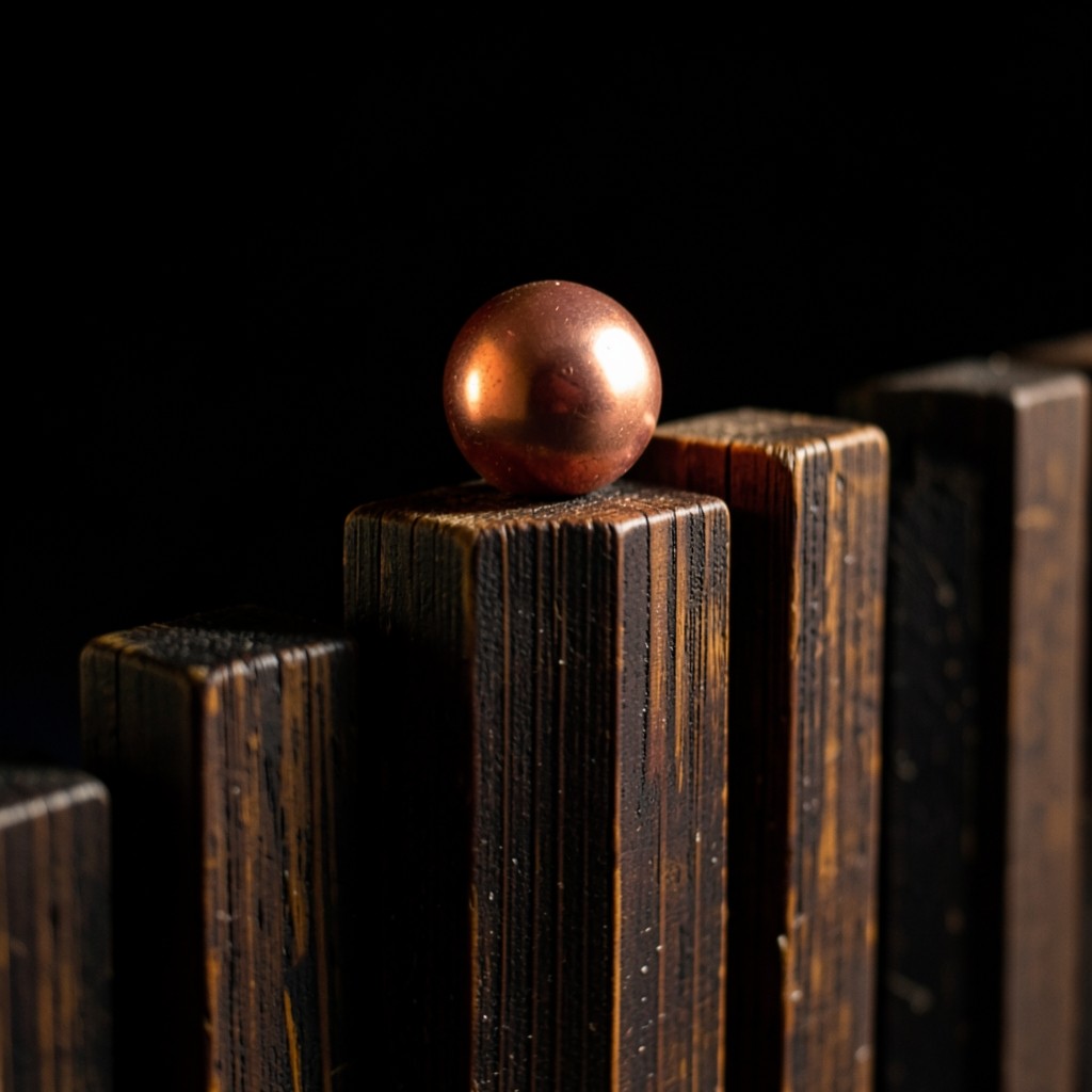 A copper bead resting on the tallest wooden bar in a row of bars of different heights