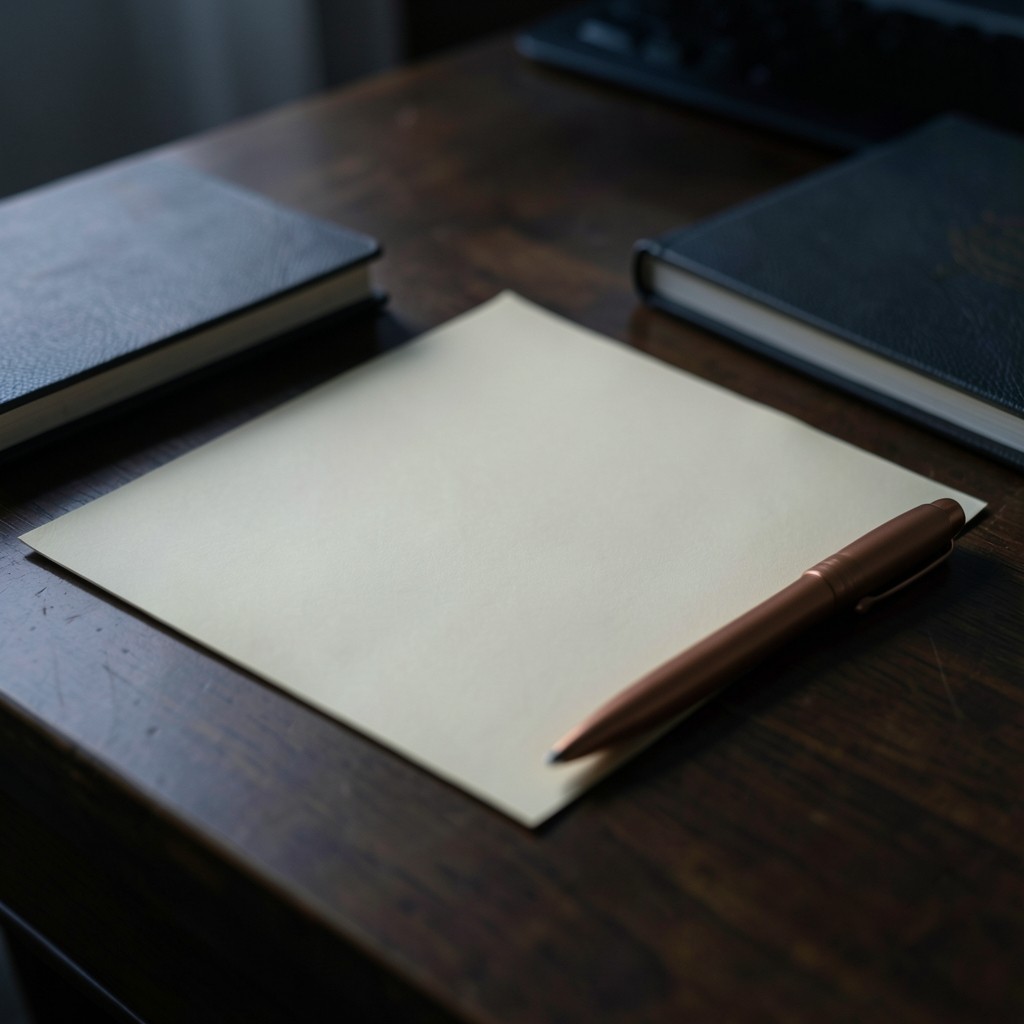 A quiet desk before class with blank ivory paper, a copper pen, and a closed notebook in velvet shadow