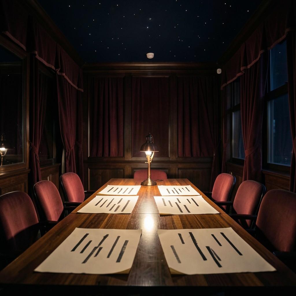 A nocturnal classroom with burgundy velvet, a long wood table, and large paper sheets of abstract volume bars under a copper lamp