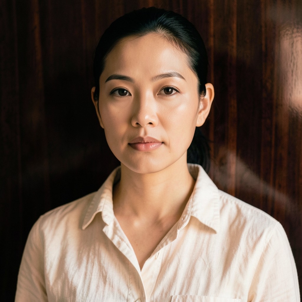 Portrait of Mali Vongsuriya, a woman in her thirties in a linen shirt with warm copper light