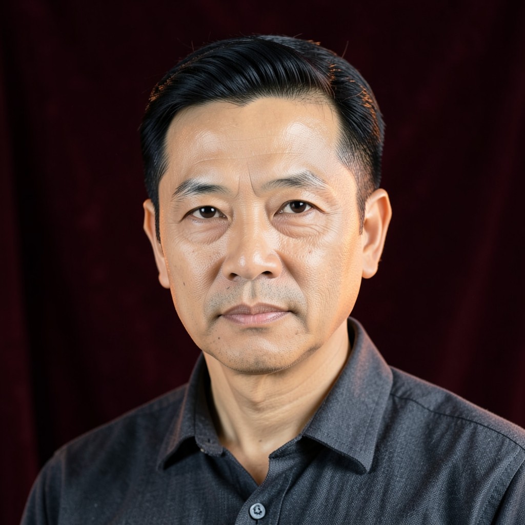 Portrait of Niran Chaiyasit, a man in his forties in a charcoal shirt against a dark velvet background