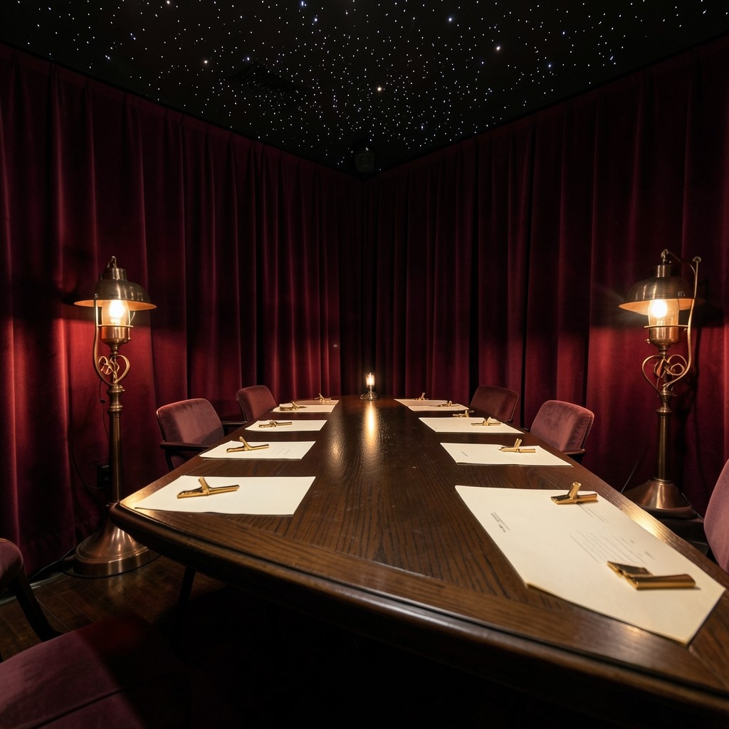 A long reading table set with blank sheets and brass clips in a dim velvet room