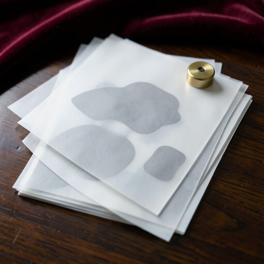 Stacked translucent tracing sheets with soft gray volume shapes held by a brass weight on dark wood