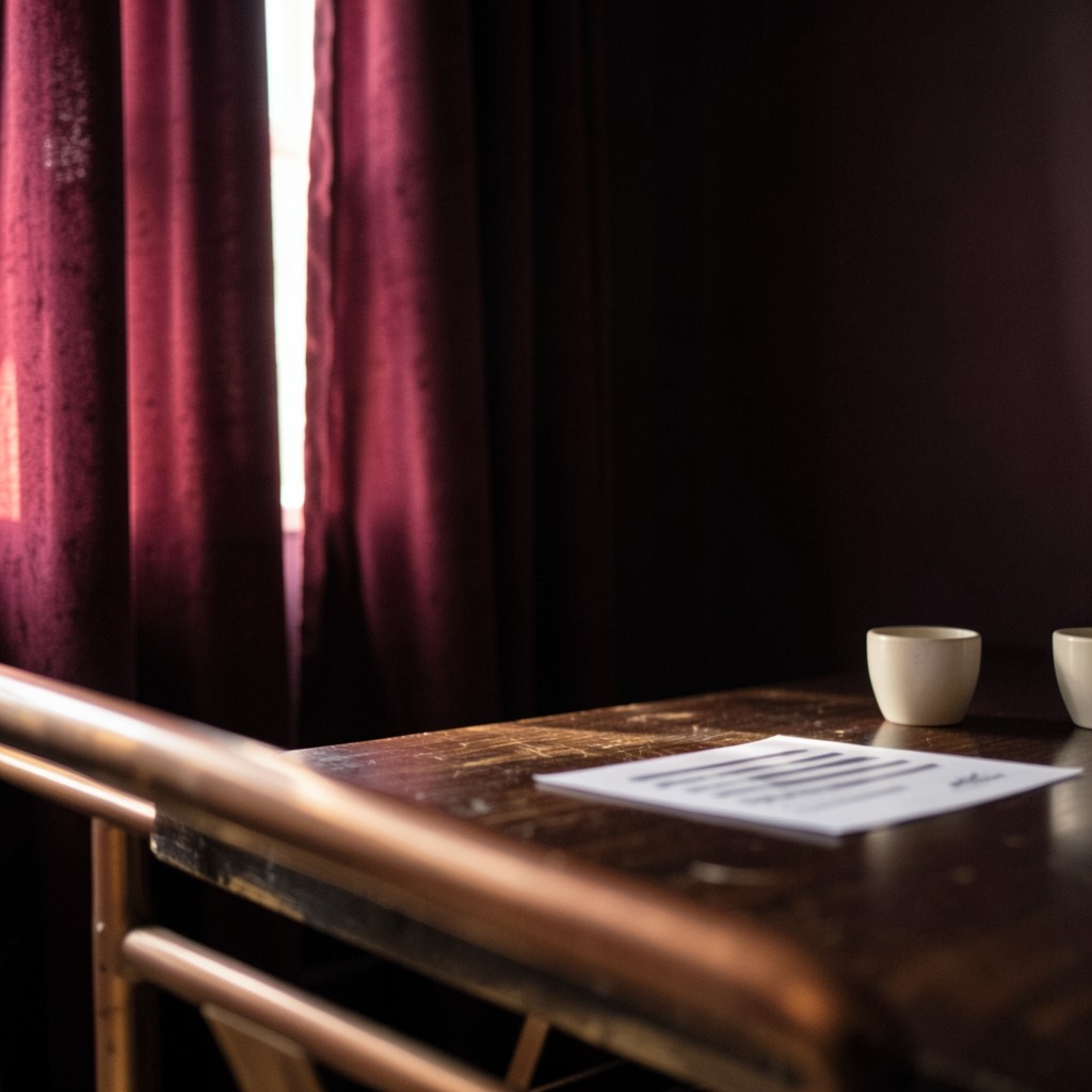 Early light at the edge of heavy velvet curtains over a quiet study table with a paper profile softly out of focus