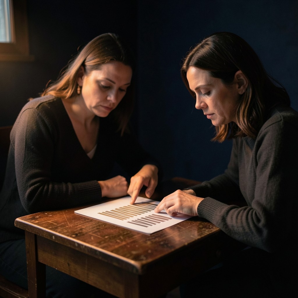 Two adults at a small lacquered desk, one pointing to a paper sheet of abstract bar shapes under a copper lamp