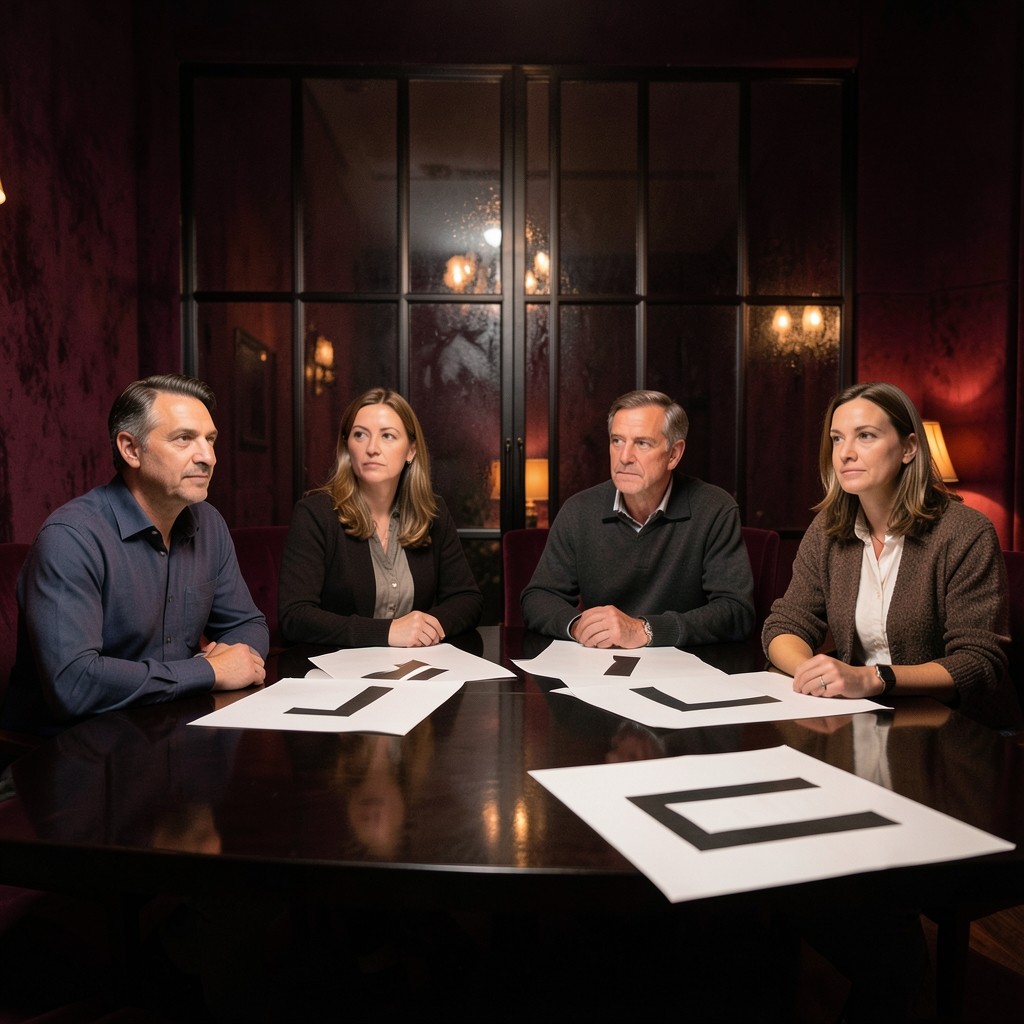 A small group around a dark wood table reading oversized paper volume profiles in warm low light